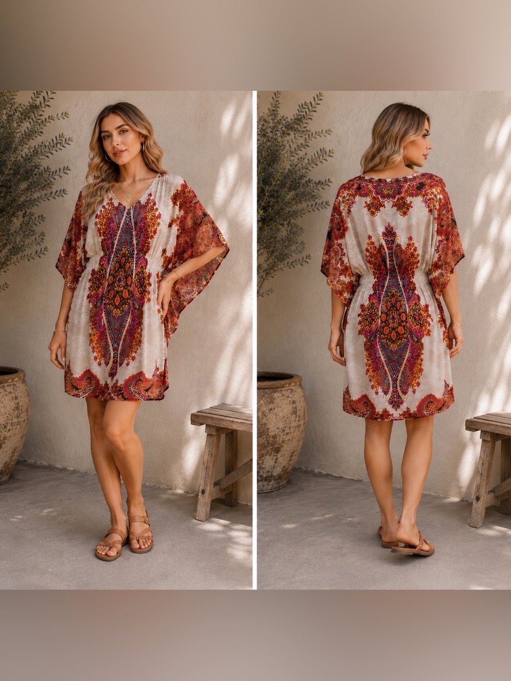 Dress Barn Ivory Paisley Swim Cover-Up with Red and Purple Accents